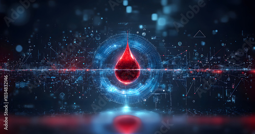 Futuristic digital blood drop symbolizing health technology and medical data analysis
