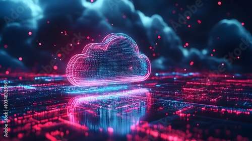 Cloud storage and cloud computing concept. Data processing technology glowing illustration background. 