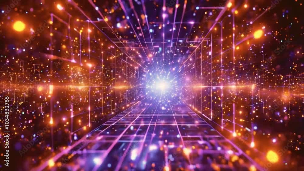 Abstract glowing lines in a grid formation create a tunnel of light with a bright burst of energy at the end. Abstract glowing lines in a grid formation create a tunnel of light with a bright burst of energy at the end.