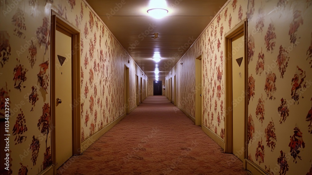 A Long, Empty Hallway with Doors and Floral Wallpaper A Long, Empty Hallway with Doors and Floral Wallpaper