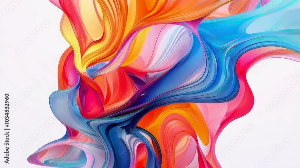 Abstract colorful fluid shapes in blue, pink, yellow and orange colors on white background.