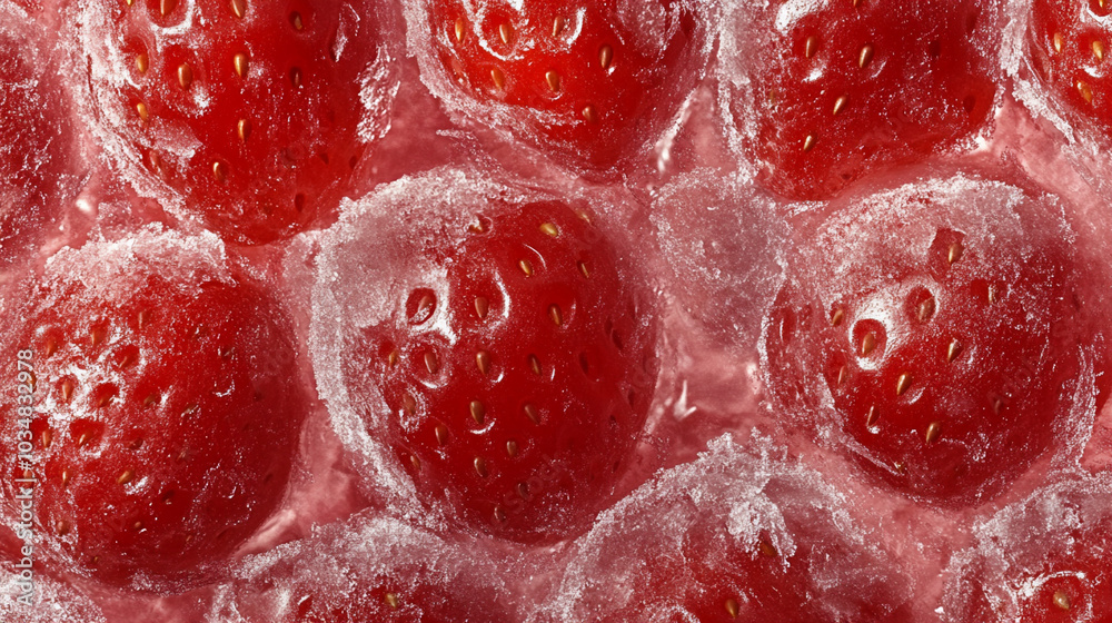 a front view and close-up of the surface of frozen strawberries, filling the entire frame with their frosty texture and vibrant red color a front view and close-up of the surface of frozen strawberries, filling the entire frame with their frosty texture and vibrant red color