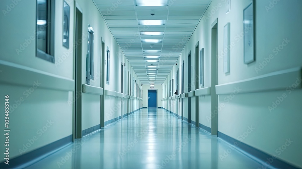 Empty Hospital Corridor with a Blue Door at the End