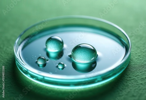 Water Droplets in Petri Dish on Green Background