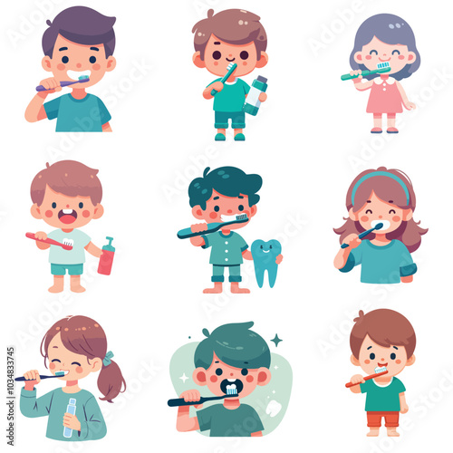 set collection cute kid brushing teeth flat design vector