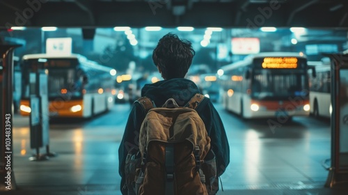  The terminal is well-lit, with buses lined up in the background