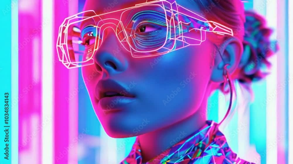 A woman's face is illuminated with neon lights in a close-up portrait. She is wearing glasses and a patterned shirt. Her lips are parted slightly as she looks to the side. A woman's face is illuminated with neon lights in a close-up portrait. She is wearing glasses and a patterned shirt. Her lips are parted slightly as she looks to the side.