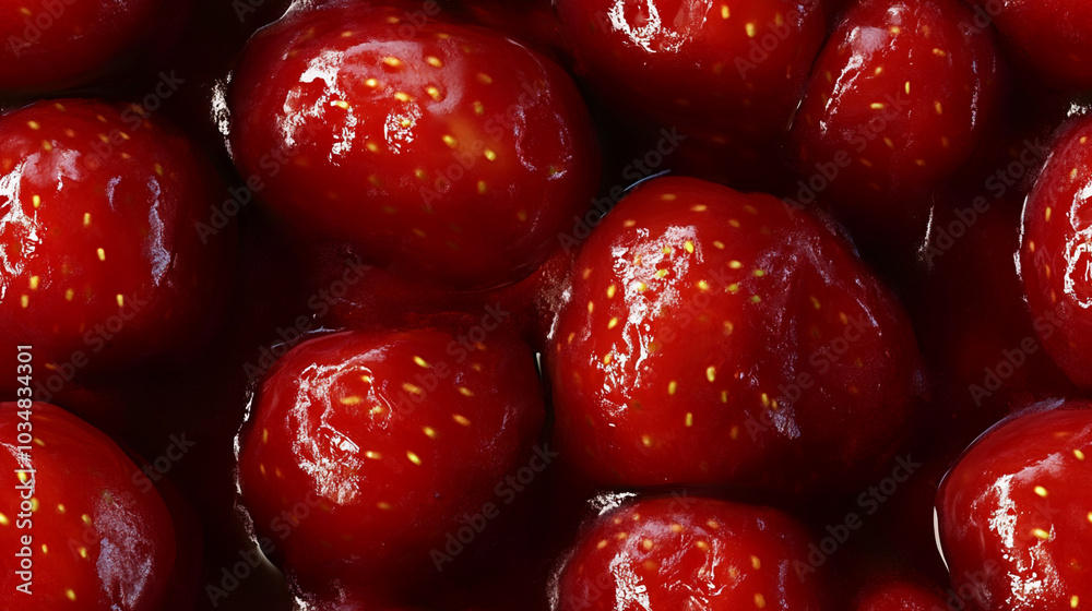 a close-up, top-down view of glazed strawberries, filling the entire frame with the focus on the strawberries' intricate details
