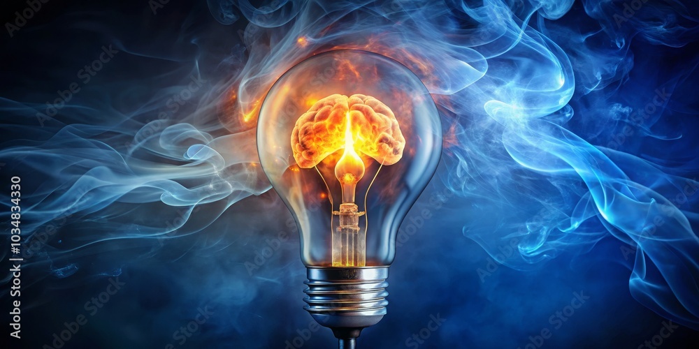 Burning Brain Inside Light Bulb, Smoke, Conceptual Art, Abstract, Imagination ,idea, creative Burning Brain Inside Light Bulb, Smoke, Conceptual Art, Abstract, Imagination ,idea, creative