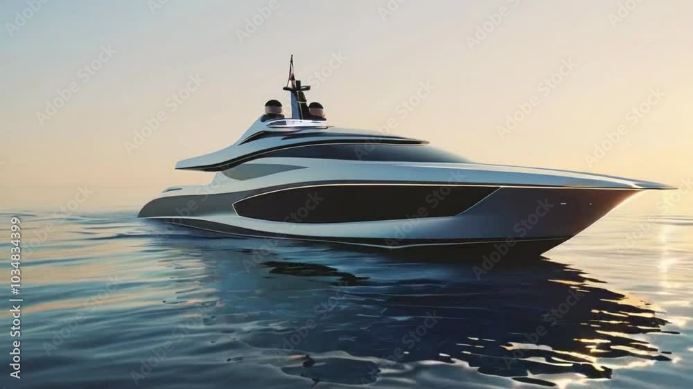 A sleek modern yacht glides through calm blue waters during a beautiful sunset, reflecting the golden hour light. A sleek modern yacht glides through calm blue waters during a beautiful sunset, reflecting the golden hour light.