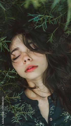 Woman with Eyes Closed Surrounded by Green Leaves