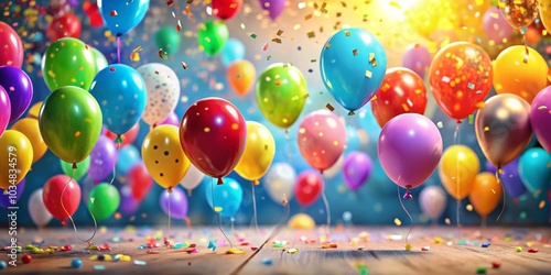 Colorful Balloons Floating with Confetti on Wooden Surface, Celebration, Party, Birthday