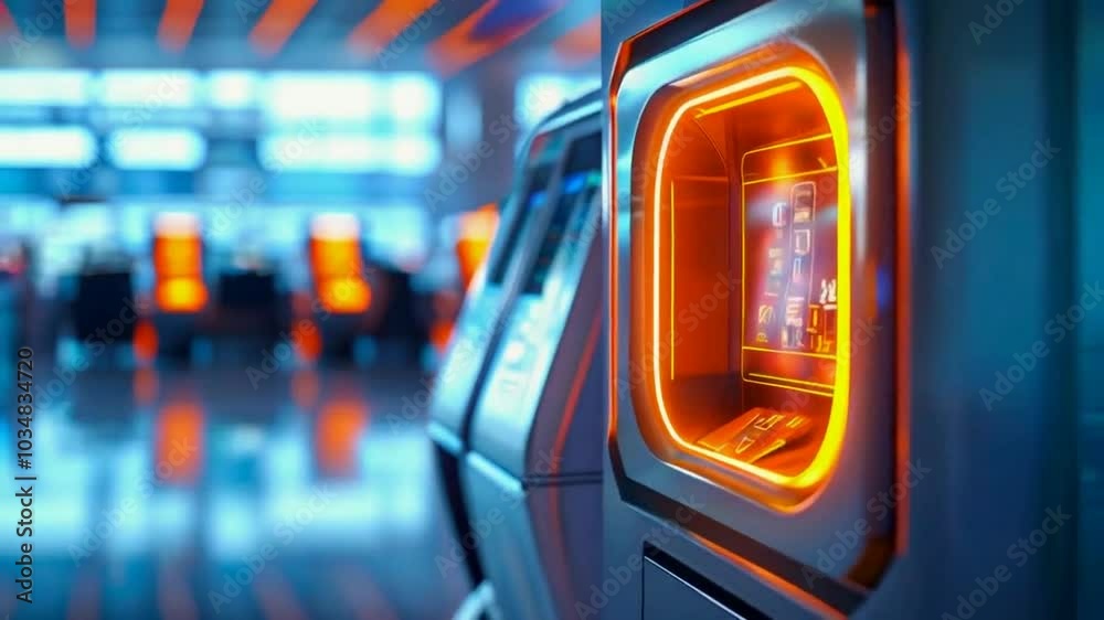 Futuristic ATM machine with glowing orange screen and buttons in a modern space. Futuristic ATM machine with glowing orange screen and buttons in a modern space.