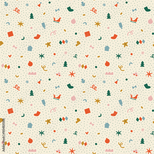 Merry Christmas abstract shape decoration seamless pattern illustration. Retro style winter holiday ornament cartoon texture. Xmas celebration event wallpaper, festive print.