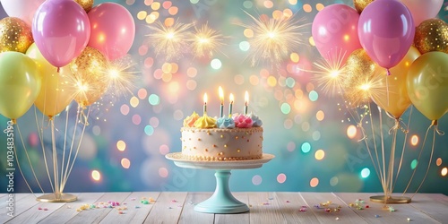 Festive Birthday Cake with Balloons and Sparkles, Party, Celebration