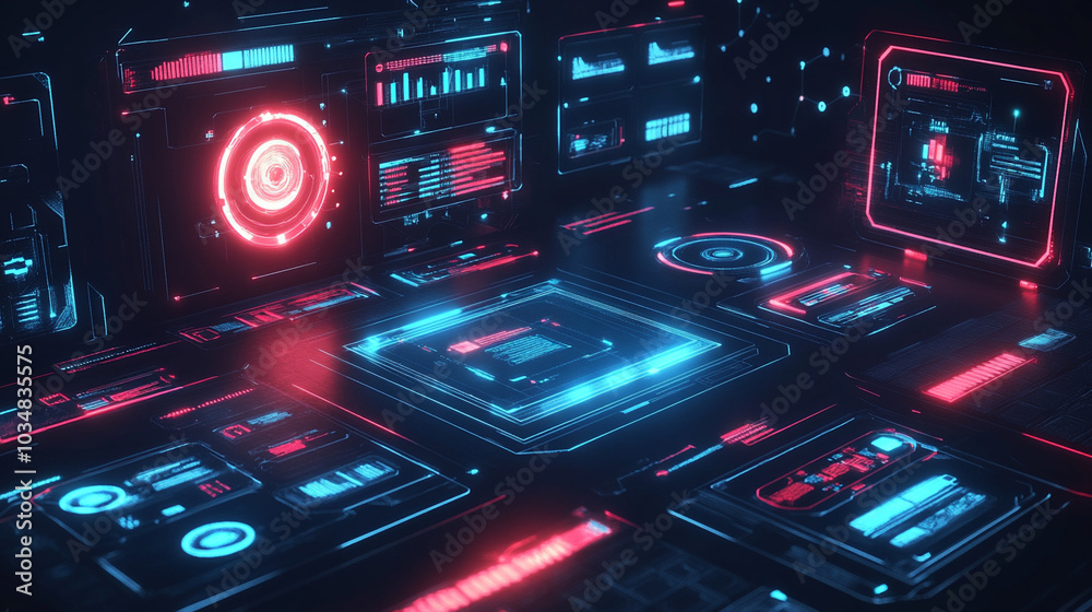 virtual reality (vr) interface: a high-tech vr interface visualized with floating holographic panels and glowing, interactive elements virtual reality (vr) interface: a high-tech vr interface visualized with floating holographic panels and glowing, interactive elements
