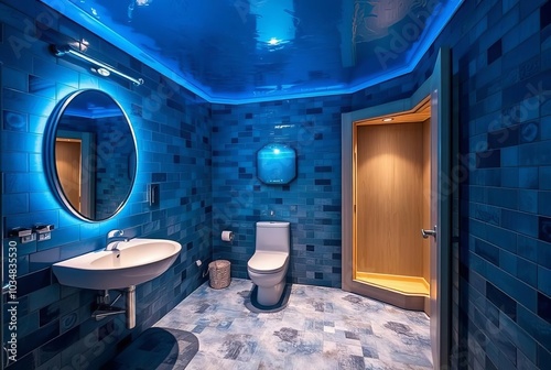 Underwater Themed Bathroom Blue lighting with fisheye shaped mir photo