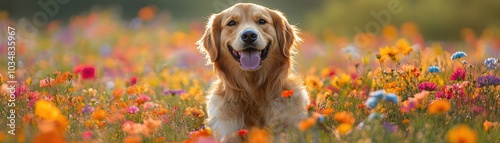 Golden Retriever Joyfully Sitting in a Vibrant Field of Wildflowers on a Sunny Day