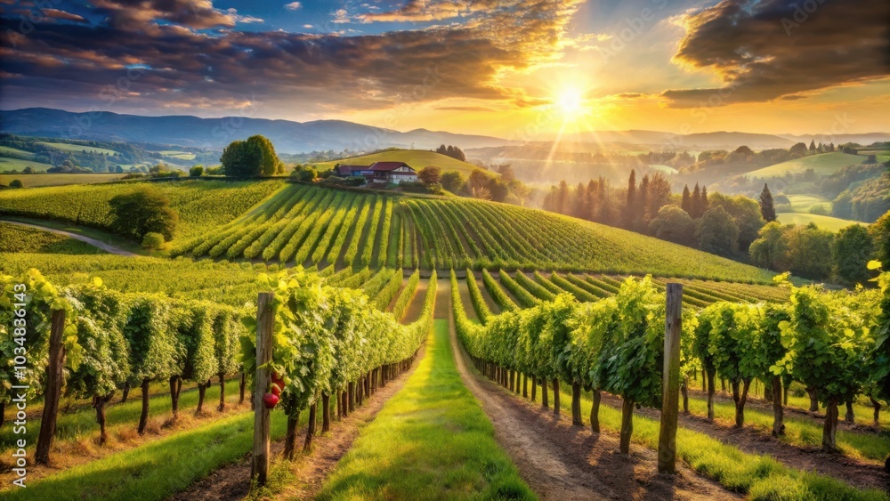 Naklejka premium A vineyard basks in the warm glow of a golden sunset, with rolling hills and a lone house in the distance, showcasing the beauty of rural landscapes.