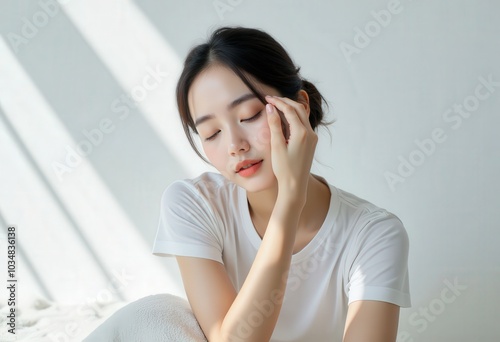 Woman in white shirt with sunbeams on face