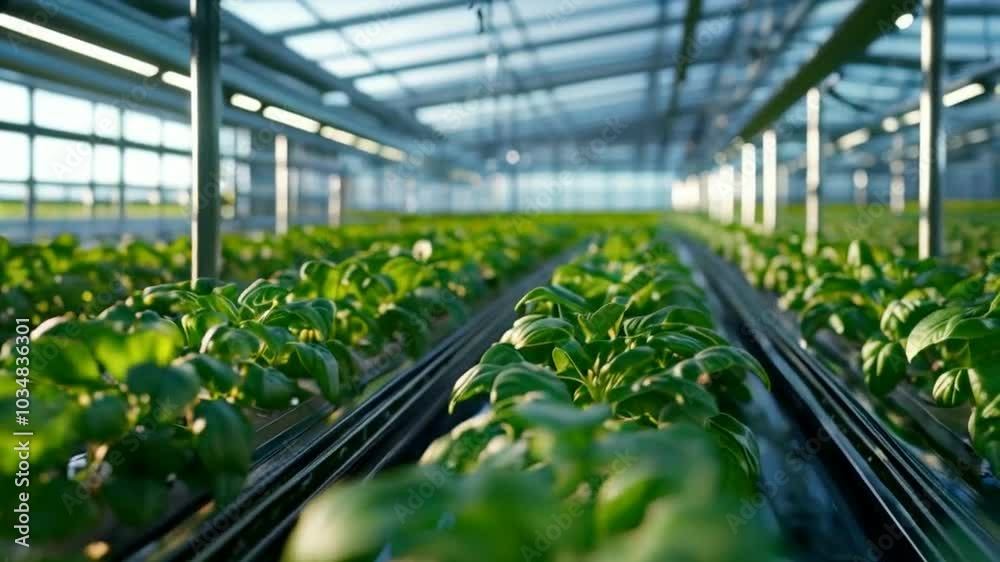 Rows of vibrant green leafy plants in a modern greenhouse with advanced growing technology. Rows of vibrant green leafy plants in a modern greenhouse with advanced growing technology.