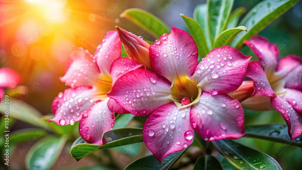 Pink adenium flowers with dew drops reflecting in the morning light Pink adenium flowers with dew drops reflecting in the morning light