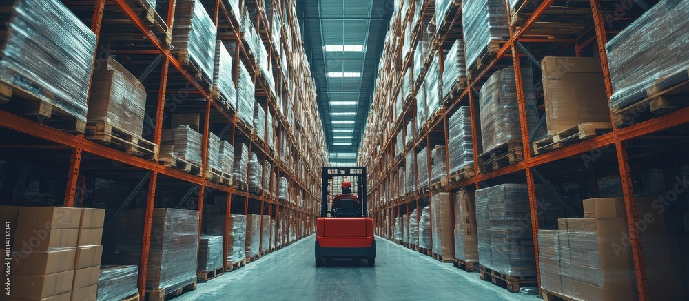 Modern Warehouse Interior with Forklift and Stacked Pallets in Industrial Storage Facility Modern Warehouse Interior with Forklift and Stacked Pallets in Industrial Storage Facility