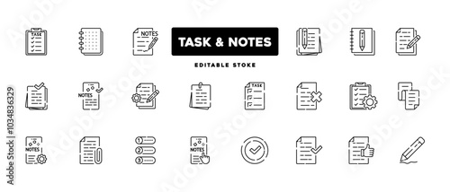 Note line icons. Checklist, document, notepad,paper, report, list,clipboard. vector icons.