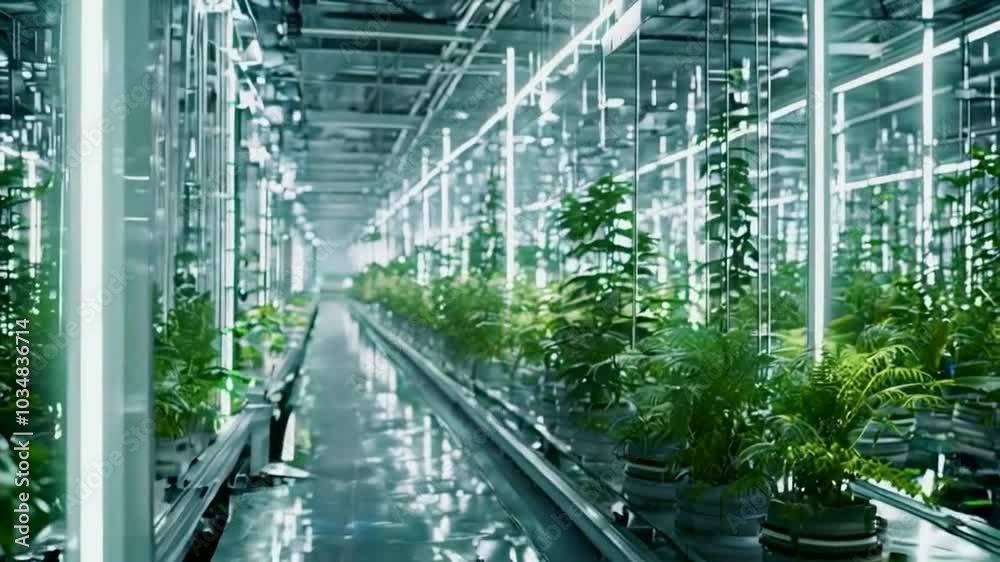 A long, narrow indoor space with rows of potted plants growing under bright fluorescent lights. A long, narrow indoor space with rows of potted plants growing under bright fluorescent lights.