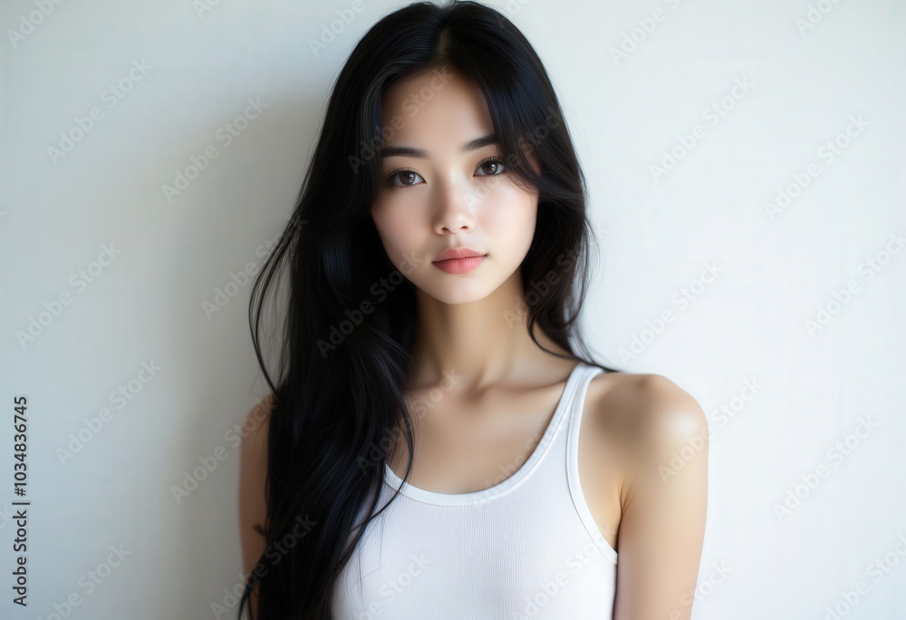 Woman with Long Black Hair Looking at Camera . Woman with Long Black Hair Looking at Camera .