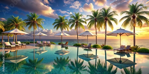 Palm Trees Reflecting in Pool at Sunset, tropical, paradise