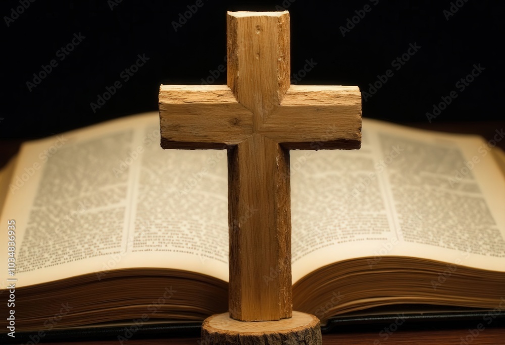 Wooden Cross and Open Book . Wooden Cross and Open Book .