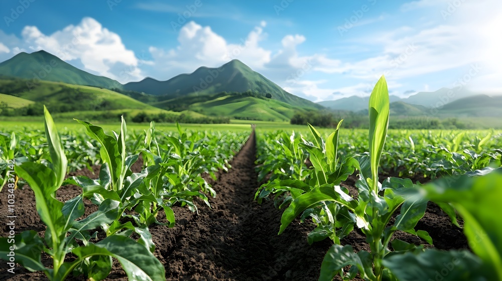 Detailed 3D rendering showcasing a lush picturesque rural landscape with rows of thriving crops advanced water irrigation systems Detailed 3D rendering showcasing a lush picturesque rural landscape with rows of thriving crops advanced water irrigation systems