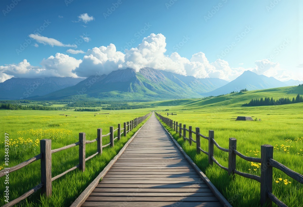 Wooden Path Through Green Meadow with Mountain Background . Wooden Path Through Green Meadow with Mountain Background .