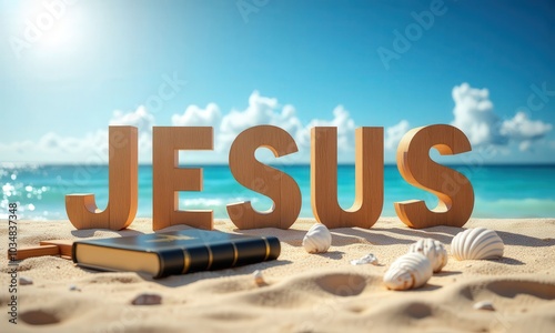 Wooden Jesus Sign on Beach with Bible and Cross