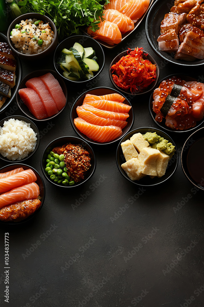 Assorted sushi bowls on dark surface, top view.