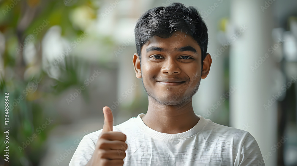gesture and people concept - happy smiling young indian man in t-shirt showing thumbs up gesture and people concept - happy smiling young indian man in t-shirt showing thumbs up