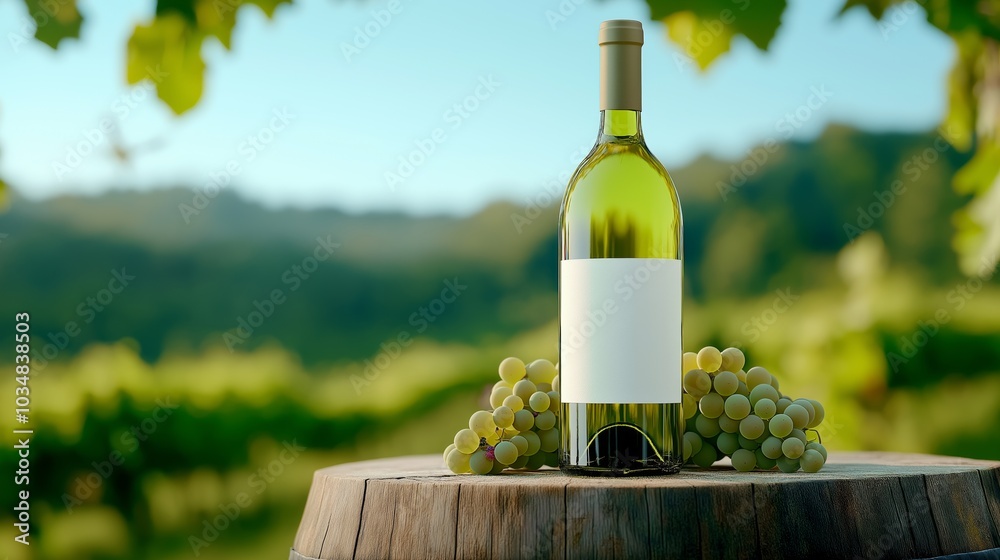 Fototapeta premium Wine Bottle and Grapes on Wooden Barrel in Vineyard