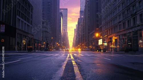 Empty City Street with Tall Buildings at Sunset