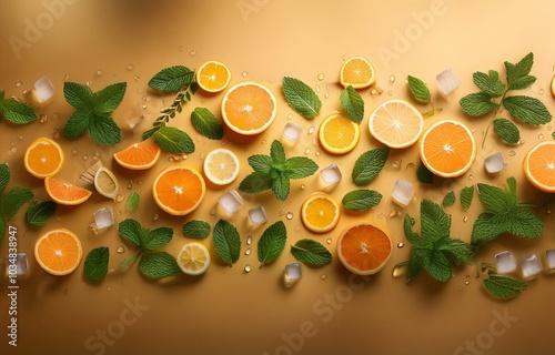 A flat lay composition featuring sliced citrus fruits, mint leaves and ice cubes on a light yellow background. photo