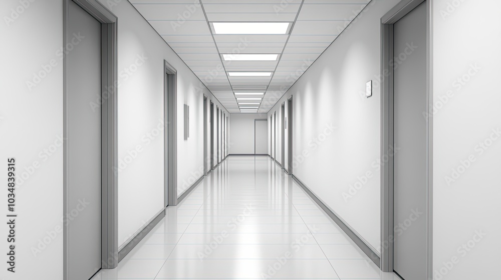 A Long, White Corridor With Multiple Doors and a Tiled Floor
