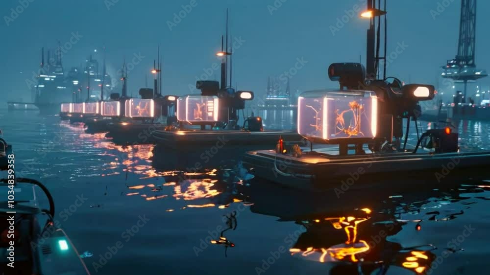 Futuristic boats with glowing windows docked in a city at night. Futuristic boats with glowing windows docked in a city at night.