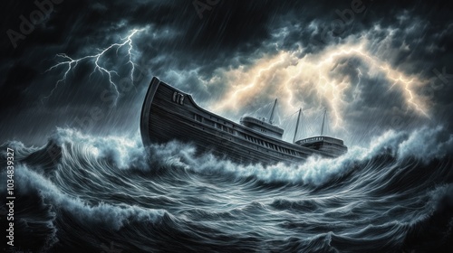 Image of Noah's Ark from Biblical Scriptures floating in the stormy sea after the great floods
