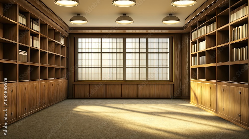 Fototapeta premium Empty Room With Wooden Bookcases and a Window