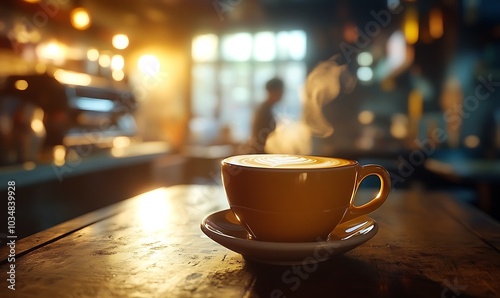 Steaming Coffee Cup on Wooden Table in Cafe