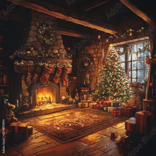 A cozy living room with a fireplace, a Christmas tree