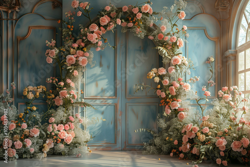Maternity backdrop, wedding backdrop, photography background with delicate flowers arch and vintage wall.