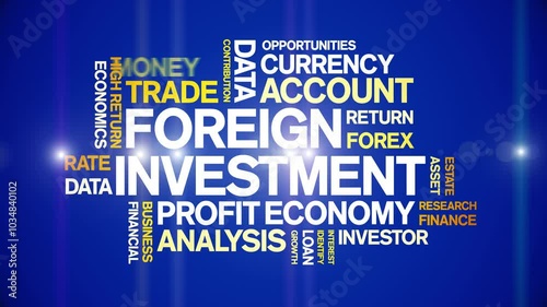 Foreign investment animated word cloud;text design animation tag kinetic typography seamless loop.