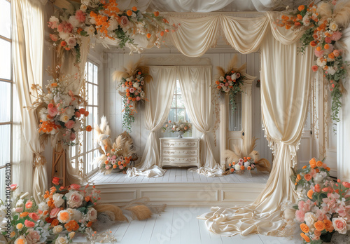 Maternity backdrop, wedding backdrop, photography background with white window with flowers, curtains, a dresser.