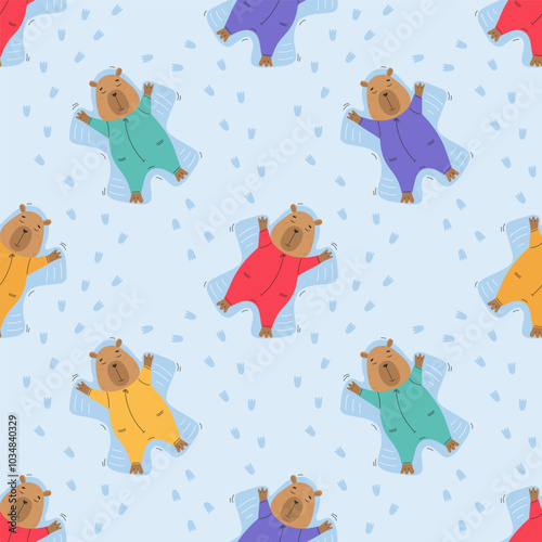 Capybara making snow angels seamless pattern